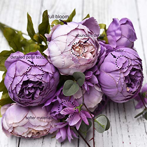 FiveSeasonStuff Dusty Purple & Greenery Accents Artificial Peony Bouquet, Two Coordinating Faux Silk Flower Bundles with Hydrangeas - color: Dusty Purple Green Mix
