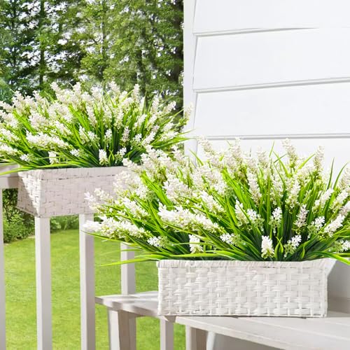 40 Bundles Artificial Plants Outdoor Fake Monkey Grass with Lavender Flowers Plastic UV Resistant Greenery Shrubs for Window Box Porch Garden Patio Outdoor Decor(White) - color: White