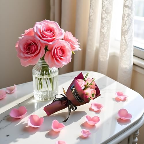 Light Pink 3 Heads Artificial Rose Bouquet Soap Flower Petals Valentine Day Gifts for Women Mom Wife Best Friend , Birthday Christmas Valentine's Mothers from Daughter Son Husband, Artificial Flowers