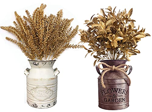 CATTREE Artificial Gold Plants, Plastic Leaves Golden 4 Pack, Fake Grass Faux Shrubs Bushes for Home Indoor Outdoor Garden Leaf Wedding Christmas Festival Decoration Hall Table Planter Filler - color: Gold Leaves Grass-2 Pcs & Gold Lavender-2 Pcs
