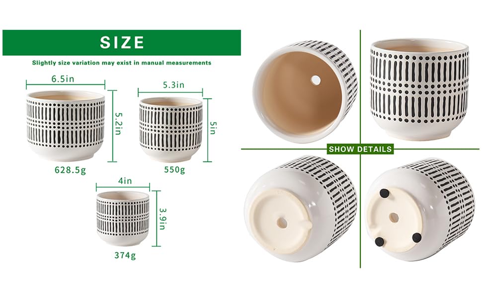 Docrin 3-Pack Ceramic Plant pots Set - 6.5"+5.3"+4" Dual-Tone Flower Pots with Drainage Holes, Modern Indoor Outdoor Planters for Succulents/Herbs/Large Plants, Home Office (Brownish Black & White) - color: A-brownish Black White