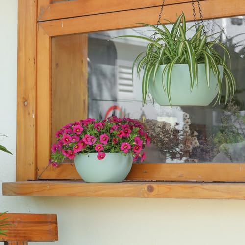 T4U 10 Inch Hanging Planters for Indoor Outdoor Plants, 2 Pack Plastic Hanging Planter, Indoor Hanging Plant Pots, Hanging Basket with Drainage Holes, Flower Pots for Garden Home Decor，Green - color: Green, size: 10 In