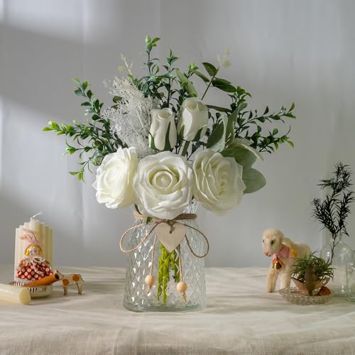 Fake Flowers with Vase Silk Rose Flowers in Vase Eucalyptus Flowers Arrangement Suitable for Home Office Decoration, Dining Table Centerpiece (Rose-White) - color: Rose-white