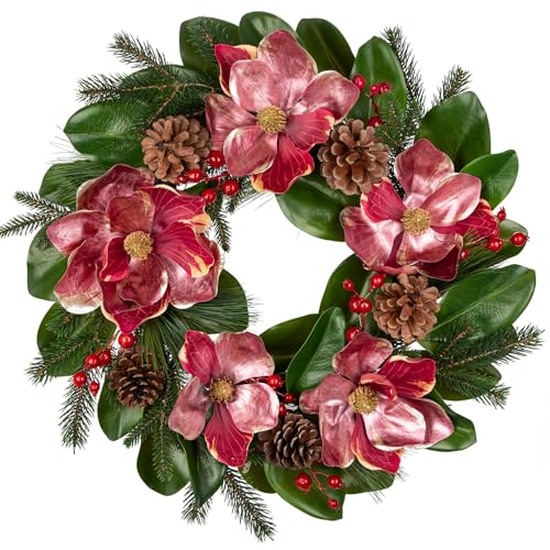 Briful 24in Christmas Magnolia Flower Wreath for Front Door Artificial Red Magnolia Floral Wreath with Pine Cones Berries Outdoor Christmas Wreath for Xmas Home Room Wall Window Mantle Decor - color: 24in Wreath