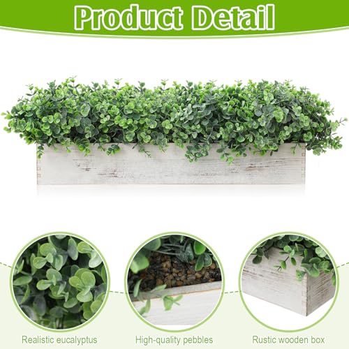Lyrow 2 Pack Artificial Eucalyptus Plant in Rustic Rectangular Wooden Planter Box Greenery Faux Potted Herb Plant for Indoor Wedding Table Centerpiece(Emerald,24 x 3.7 x 3.7 Inches,Classic Style) - color: White, size: 24 Inch, style: White Powdered Round