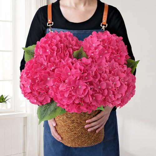 JINWOE Silk Hydrangea Artificial Flowers, 5Pcs 20Inch Large Lifelike Faux Flowers, Full Fake Artificial Hydrangeas with Stems for Bouquet Table Centerpieces Home (Fuchsia) - color: Fuchsia