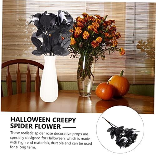 PRETYZOOM 5Pcs Halloween Artificial Rose Decorations with Spooky Spider Accent Black and White Polyester Flowers for Indoor Party Haunted House Store Atmosphere Setup