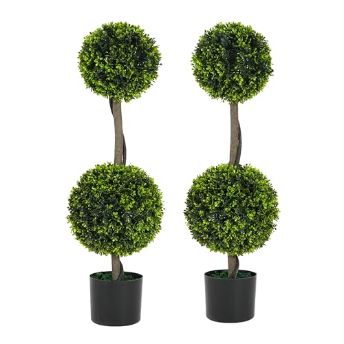 Christopher Knight Home Alene Set of 2 34''H Pre-Potted Artificial Tree Indoor, Artificial Topiary Boxwood Tree Double Ball with Pot, Faux Tree with Natural Wood Trunk with Black Plastic Pot, Green - color: Green/34''h