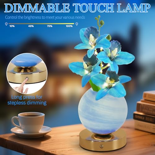 Flower Table Lamp, 3 Colors Orchid Night Light, Cordless Touch Dimming Artificial Flower with Vase Lamp, LED Desktop Decorative Landscape Lights for Festival Party Home Decor (Blue Orchid) - color: Blue Orchid
