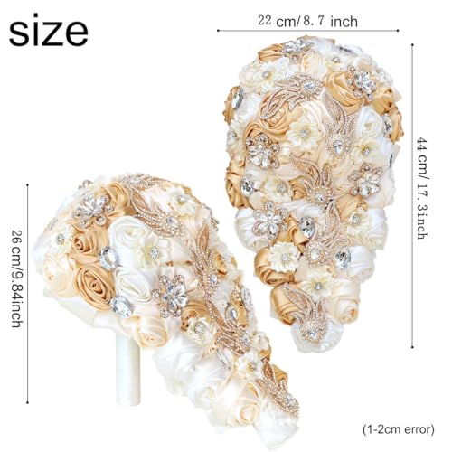 Handmade Satin Rose Water Drop Bridal Bouquet,8.7inch Crystal Wedding Round Tossing Bouquet,Jewelry Proposal Bridesmaid Bouquet Groom Corsage Bride Wrist Flower Ivory (Khaki&Ivory) - color: Khaki&ivory