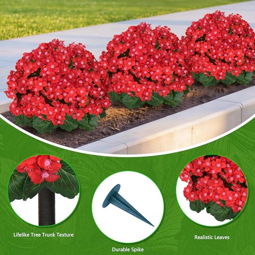 Yangrass Artificial Topiary Red Flowers for Outdoors, Set of 2 Fake Bushes Topiary Ball Trees with Ground Spikes, Lifelike UV Resistant Faux Plants for Garden Front Porch Patio Decor - color: Red Crabapple Blossoms