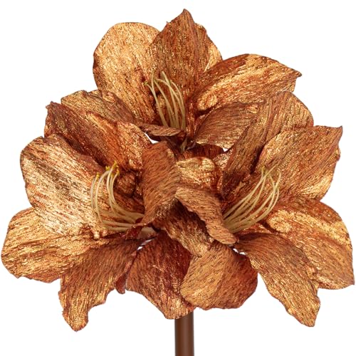 Briful Amaryllis Artificial Christmas Flower Stems, 19.7" Bronze Glitter Faux Amaryllis with Detachable Heads for Xmas Home Party Wedding Bouquet Vase Arrangement Decor - color: Bronze