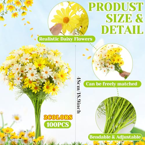 Giegxin 100 Pcs Artificial Daisy Flowers Bulk Realistic Fake Daisies Faux Wildflower Daisy UV Resistant Silk Fake Flowers Plants for Outside Wedding Garden Home Table Decor (White,Yellow) - color: White,yellow