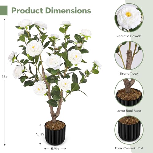 Artificial Camellia Tree for Indoor and Outdoor, Faux Flower Tree Plant in Pot Fake Topiaries for Home Front Porch Decor(1, White) - color: White