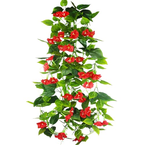 CISDUEO 2 Pcs Artificial Vines Silk Morning Glory Vines for Outdoor 15Feet Hanging Plants Garland Red Fake Green Plant Morning Glories for Home Decor Wall Fence Stairway Wedding Hanging Baskets - color: Red