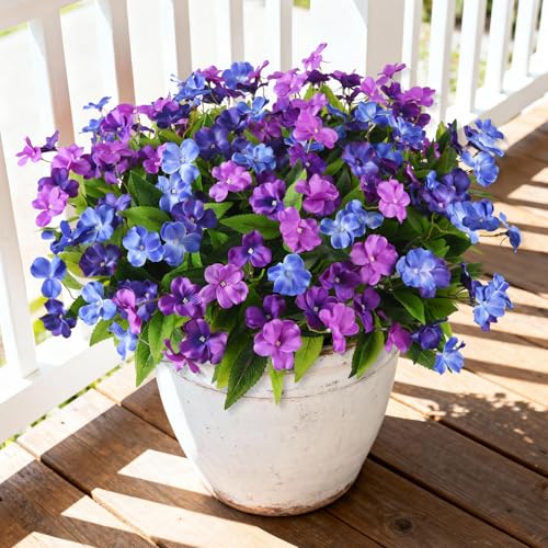 Hommyea Artificial Fake Flowers for Outdoor, 6 Bundles UV Resistant Faux Plants Decoration Silk Flowers No Fade Plastic Flowers for Outside Planters Home Porch Patio Yard Garden Decor - color: Double Purple,dark&light Blue
