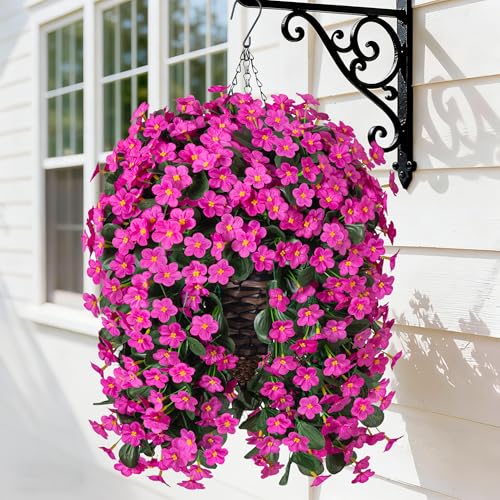 HyeFlora Artificial Fake Hanging Flowers Plants Baskets for Outdoor Spring Decoration, Faux Silk Fuchsia Daisy Mums Trailing Orchid UV Resistant for Home Outside Porch Garden Yard Patio Decor - color: Fuchsia Daisy
