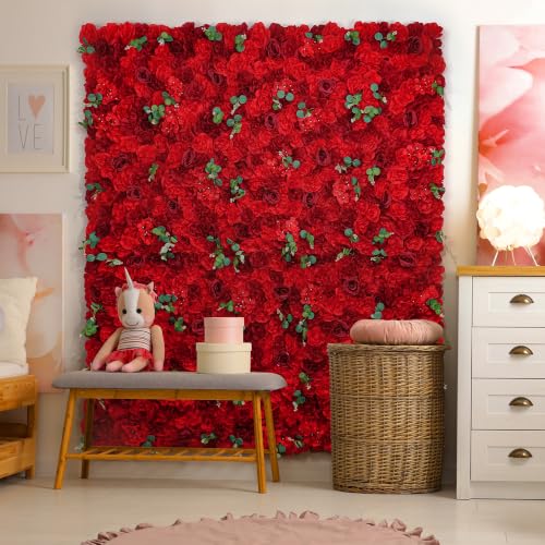Red Flower Wall Backdrop 12 Piece of 16.5x16.5 Inch Artificial Floral Wall Panel Silk Rose Wall Decor Ideal for Wedding Celebrations, Festive Party Backdrops, and Home Decor - color: Red, size: 16.5inch