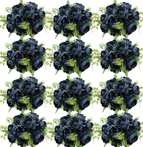 12 Bundles Navy Blue Peonies Artificial Flowers Bulk for Centerpiece | Realistic Silk Flowers, Wedding Decoration, Home Table Centerpiece, DIY Bouquet - color: Navy Blue