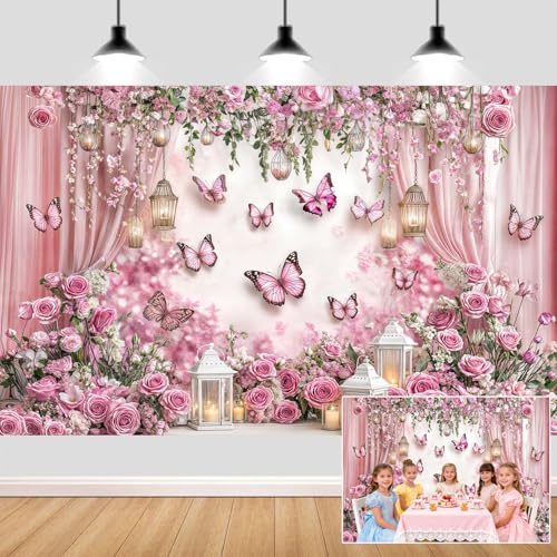 5X3ft Pink Butterfly Floral Backdrop for Photography Butterfly Flowers Theme Girls Party Decorations Background Wedding Birthday Baby Shower Party Cake Table Decor Photo Booth Props - color: Multi3, size: 5x3ft