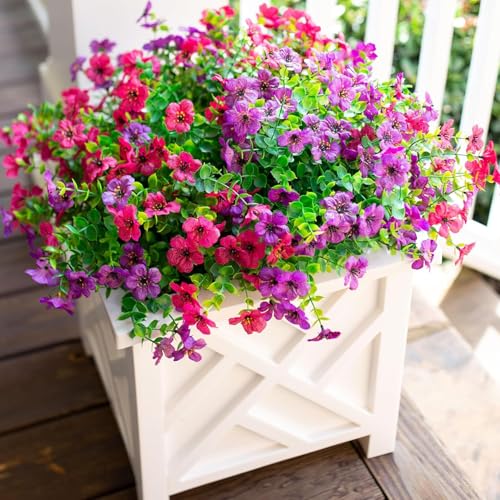 florisso Artificial Flowers for Outdoors Daisy 12 Bundles for Home Decoration, Faux Flower Fake Plants Outside Decoration with Eucalyptus UV Resistant for Planter Porch Patio Yard Garden - color: Purple Pink