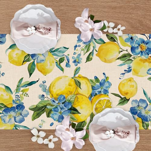 Lemon Blue Flower Dining Table Runner, Spring Summer Fruit Floral Burlap Kitchen Decoration, Seasonal Indoor Outdoor Home Decor Party Supply 13 x 72 Inches - color: Lemon Blue Flower, size: Table Runner 13''X72''