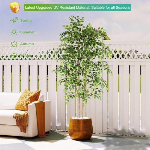 Nafresh Tall UV Resistant Ficus Tree Artificial，6ft(72in) Faux Ficus Tree with Realistic Smooth and Shiny Leaves， Fake Trees Indoor Outdoor for Home Office Living Room Bedroom Foyer Porch Decor. - size: 6ft