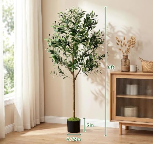 Olive Trees Artificial Indoor, 6FT Faux Olive Tree with Black Planter, Tall Fake Tree with Artificial Moss Natural Trunk Realistic Fruits for Home Office Decor Indoor