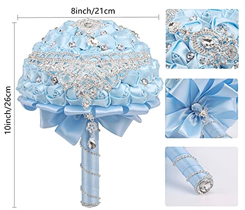 XINNI Handmade Bridal Wedding Bouquet Bride Bridesmaid Satin Rose Flower Bouquet with Drop-Shaped Rhinestone Wedding Decoration Light Blue - color: Lightblue