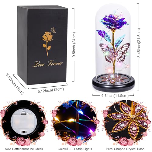 Pusuny Mothers Day Flowers Gifts for Mom Women Birthday Gift Galaxy Glass Rose Forever Eternal Crystal Flowers Rose in Glass Dome with Butterfly Mother's Day Roses Gifts for Mom Daughter Wife Purple - color: A Purple