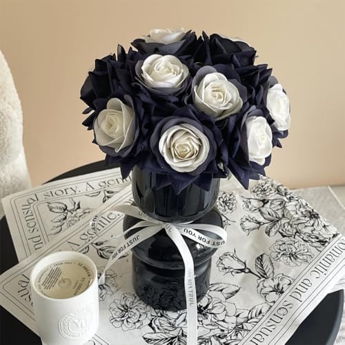 10 Bundles Black White Artificial Rose Flower,No Fade Roses,Single Stem Fake Silk Flowers Realistic Blossom Flora,for DIY Home~Halloween Decoration