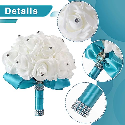 MOJUN Wedding Bouquets Crystal PE Roses Bridal Bridesmaid Wedding Hand Holding Bouquet Artificial Fake Flowers Toss Bouquet, Lake Blue - color: Lake Blue