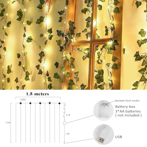 RECUTMS Vines with Lights Strings 59 Inches Wall Leaves Artificial Ivy Greenery Garland Fake Green Decorations Hanging Silk Leaf Plant All Year Round for Garden Office Wedding Table - color: Green Light2