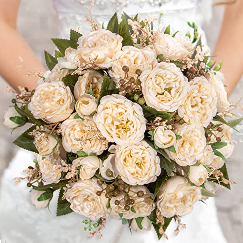 Artificial Peonies Silk Flowers, Beige Faux Peony Bouquet 4 Bundles Florals Arrangements Decor for Farmhouse Home Boho Wedding Table Centerpiece, Fake Plastic Flowers Bulk for Vase Decoration (Beige) - color: Beige, size: 4PCS