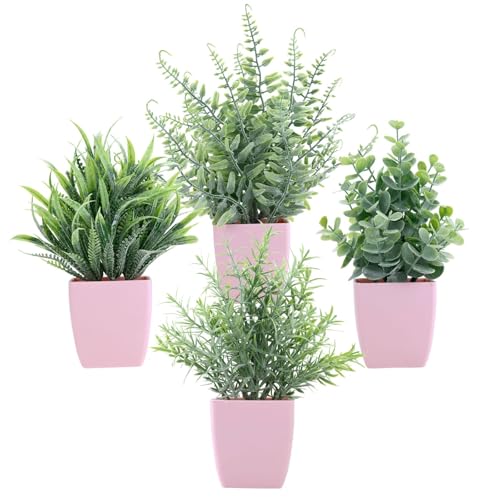 summer flower 4 Pack Small Fake Plants in Pink Pot Artificial Plant Indoor Eucalyptus Wheat Grass Ferns Rosemary Faux Greenery for Room Decor Home Office Desk Bathroom Kitchen Living Room Decorations - color: Pink-4