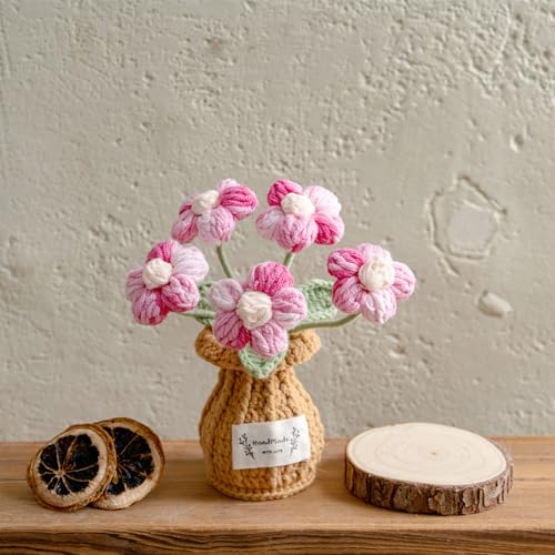 Handmade Crochet Flowers, 6 Inches Small Potted Plants, Knitted Desk Decorations for Home Office Decor (Puff Flower) - color: 6：puff Flower