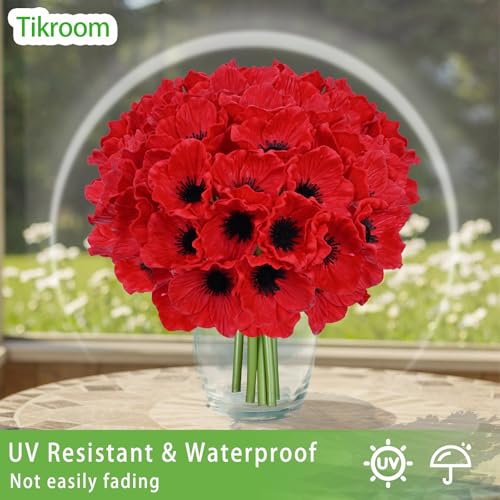 10Pcs Red Poppy Artificial Flowers 11" Real Touch No Fade PU Fake Flowers for Wedding Centerpieces Bridal Bouquets Home Decor Vase DIY Arrangements Memorial/Veterans Day - color: Red