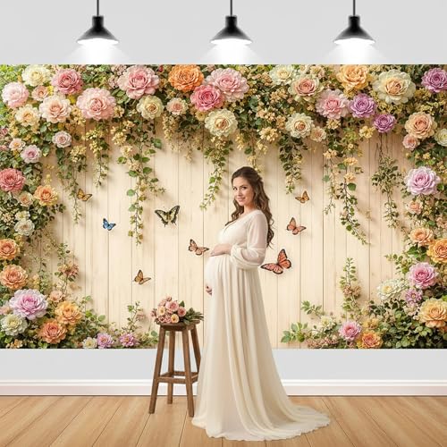 JAWO 6X4ft Floral Wooden Backdrop Multicolor Roses Vines Butterfly Photo Background Vinyl Fabric Indoor Outdoor Wedding Bridal Shower Baby Shower Birthday Engagement Party Decor Photo Booth Prop - color: Beige, size: 6X4