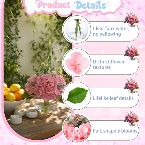 Pink Hydrangea Artificial Flowers with Eucalyptus in Vase Fake Flowers Coffee Table Decor Real Touch Flowers with Faux Water for Home Decor - color: A-pink