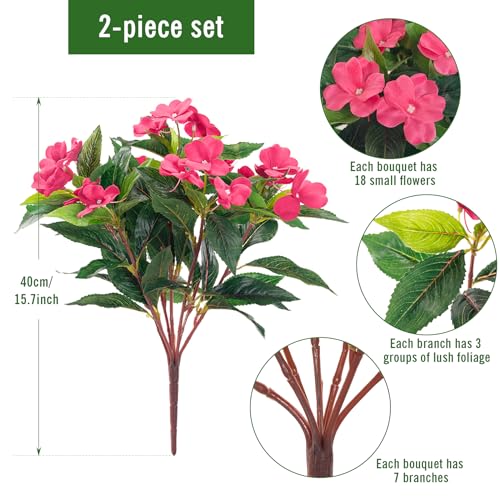 Fake Flowers Artificial Flowers for Outdoor,Artificial Plant Artificial Impatiens Bouquet Flowers for Outdoors Decoration,Silk Spring Artificial Plants for Outdoors Indoor Decor 2PCS(Rose - color: Rose Red-2