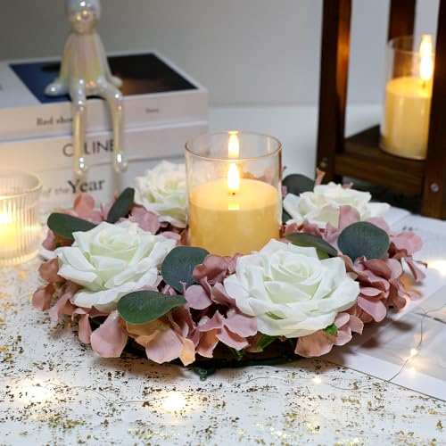 Artificial Flower Candle Rings - 6 Inch Inner Rose Floral Wreaths for Wedding Bridal Event Table Centerpieces Backdrop Decorations (Dusty Pink & White, 6 X Candle Rings) - color: Dusty Pink & White, size: 6 X Floral Wreaths