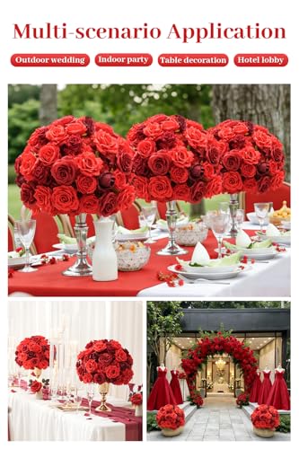 2pcs Mix Red Artificial Flowers Centerpieces Decor for Tables Floral Arrangement Bouquet for Wedding Reception Aisle Ceremony Party Flowers Balls Without Stand - color: 2pcs 15'' Red