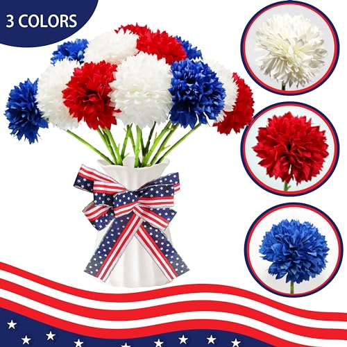 Tinsow 12 pcs Artificial Flower Patriotic Memorial Bouquet Red White and Blue Faux Ball Chrysanthemum Bouquet 4th of July Flowers Silk Flowers Arrangement for Home Party Centerpiece Vase Decor - color: Red, Blue, White