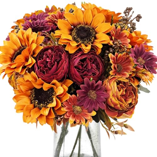 3Pcs Artificial Fall Flowers Faux Mums Sunflower Burgundy Fake Peony Silk Rose Hydrangea Flower for DIY Wedding Bridal Bouquet,Thanksgiving Party Table Centerpieces,Autumn Arrangement Vase Decoration - color: Fall