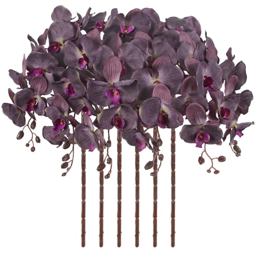 6PCS 41in Orchids Artificial Flowers Fake Orchid Velvet Silk Orchids That Look Real Long Stem Artificial Flowers for Tall Vase for Home Wedding Party Fall Décor (Dark Brown) - color: Dark Brown