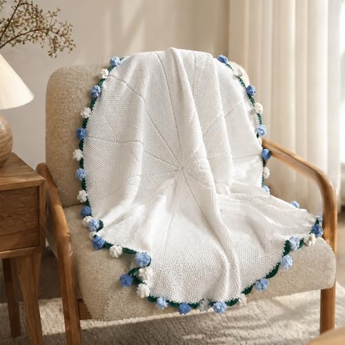Crochet Flower Bouquet Throw Blanket, Cute Romantic Gift for Her Girlfriend Mom Mother’s Day Valentine Wedding Anniversary Birthday (Blue, 32 inches) - color: Blue, size: 32 inches