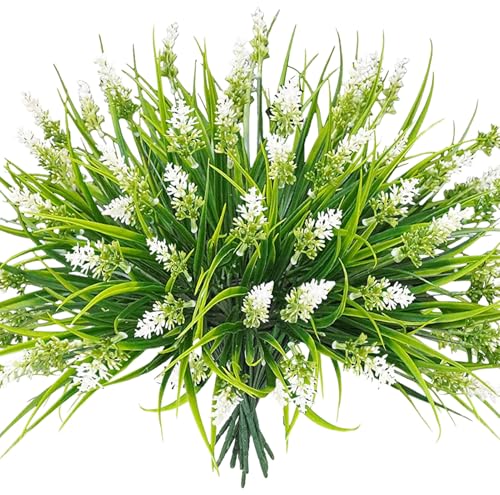 Artificial Fake Outdoor Plants Flowers for Spring Decoration, UV Resistant Realistic White Plastic Flowers Faux Plant Monkey Grass for Planter Home Garden Porch Patio Window Box(White-A, 12 Pcs) - color: White-a