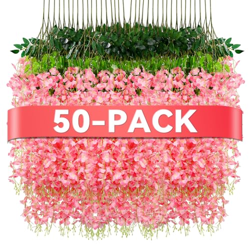 Alotiki Wisteria Hanging Flowers,50 Pack Fake Hanging Flowers,Wisteria Artificiales Garland for Home Wedding Arch Floral Party Garden Ceremony Outdoor Decor,3.6 Feet Long(50,Pink) - color: Pink, size: 50