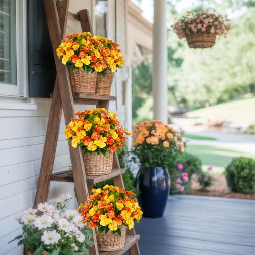 CITYES 4 Pcs Artificial Flowers Outdoor Impatiens UV Resistant Fake Silk Fall Flowers Orange Yellow Faux Flowers Impatiens Bushes for Outdoor Planter Pot Hanging Basket Porch Autumn Fall Decor - color: Orange, Yellow