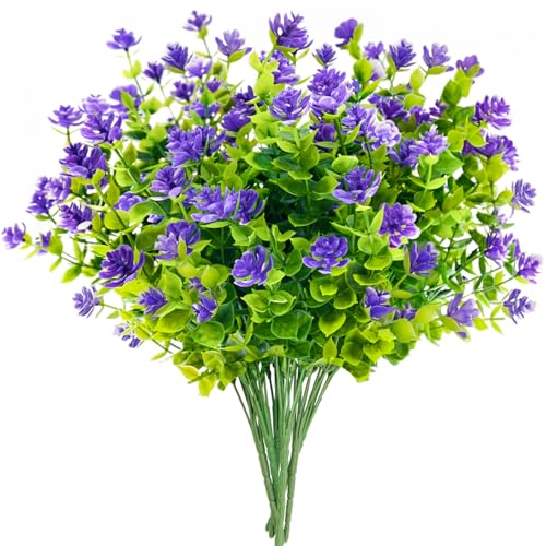 10 Bundles Artificial Flowers for Outdoors,UV Resistant Realisic Fake Plastic Plants Artificial Shrubs Fall Flowers Decor of Vase and Outside Window Box, Ferns Plants for Planter-Purple - color: Purple, size: 10PCS